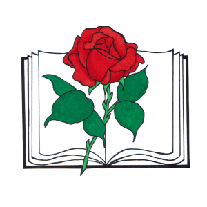 Drawing of red rose front of book open in the middle